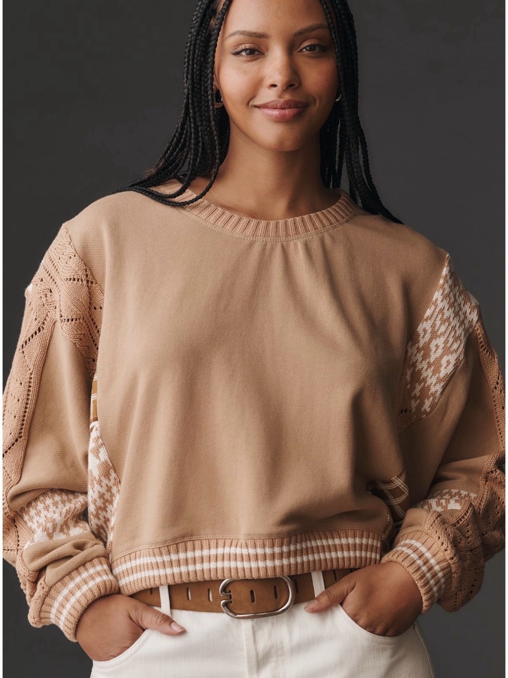 Pilcro PLUS 3X Tan & Cream Mixed-Knit Crewneck Sweater by Anthropologie
